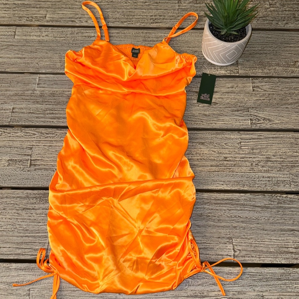 Women’s Wild Fable Silky Orange Rouched Dress, Sz SMALL